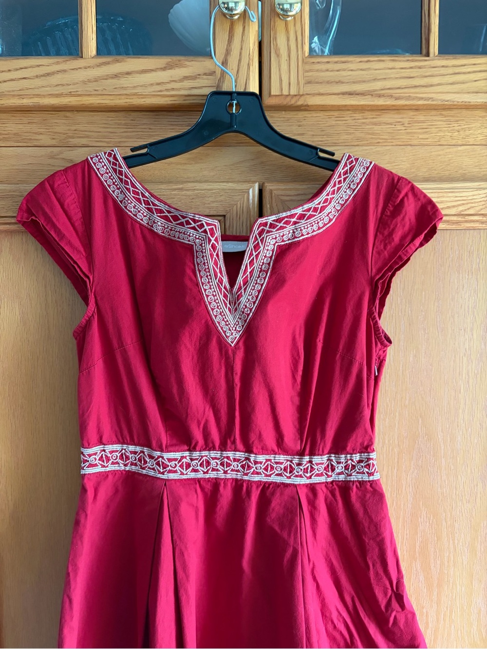 eShakti CUSTOM Red Embroidered Waist Fit-and-Flare Dress - Picture 3 of 11